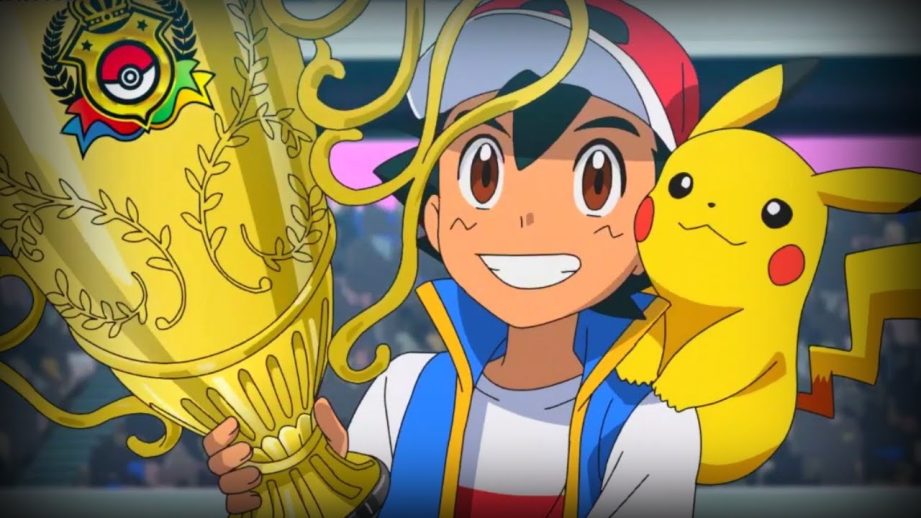 Champion Ash Ketchum with Masters Eight trophy in Pokemon Ultimate Journeys anime