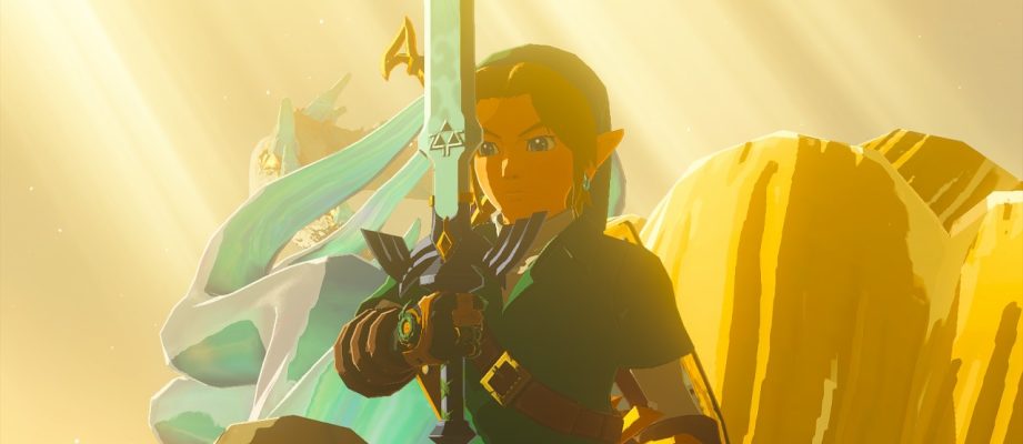 Link holding the Master Sword in Legend of Zelda: Tears of the Kingdom