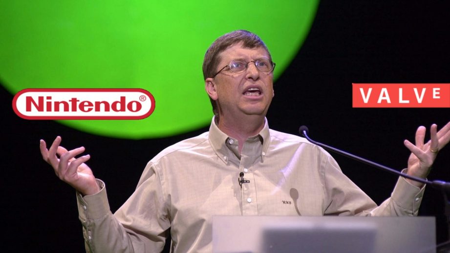 bill gates at xbox conference holding nintendo and valve