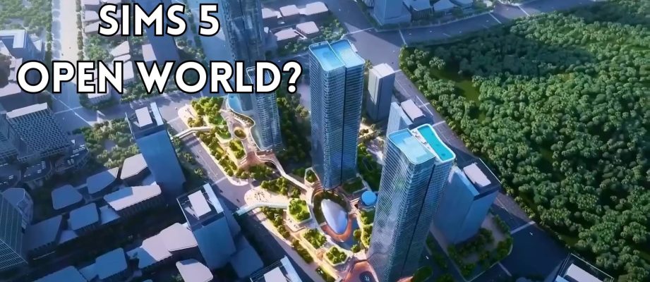 map of the sims 5 open world with text overlay