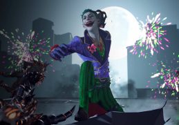 the joker with fireworks in the background of suicide squad kill the justice league