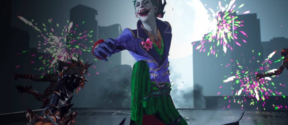 the joker with fireworks in the background of suicide squad kill the justice league