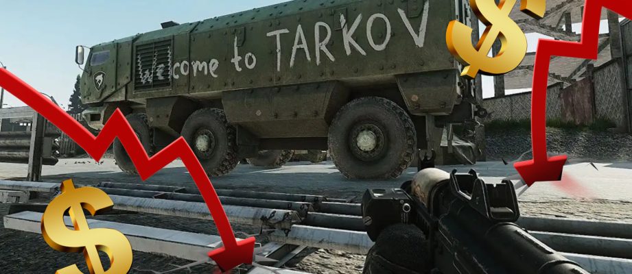 Escape from Tarkov in-game screenshot edited with dollar signs and falling stock arrows