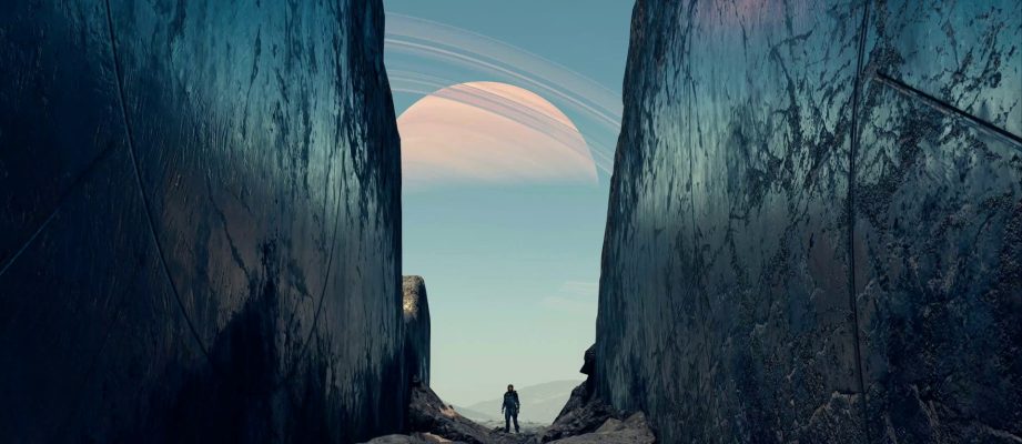 starfield review header image of man between rocks in space