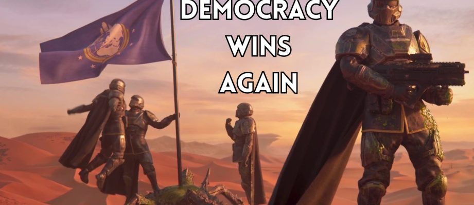 Helldivers planting a flag in the desert democracy wins again