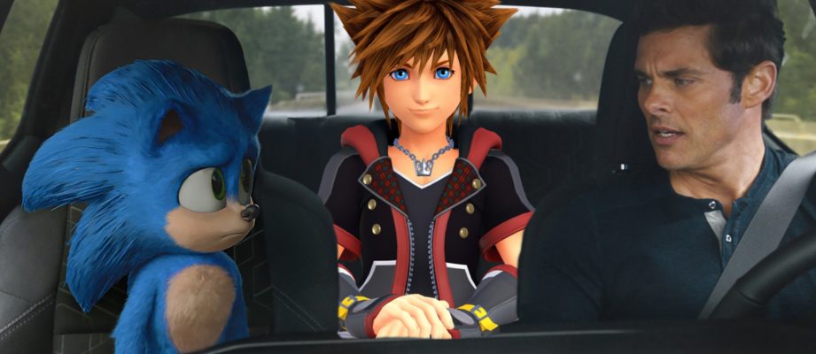 Sora from Kingdom Hearts in a car with Sonic the Hedgehog