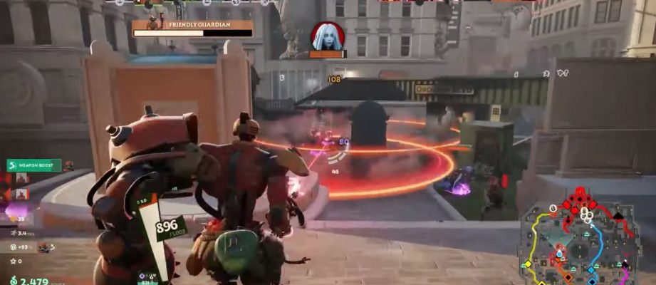 A character with a large arm looks at bashed enemies