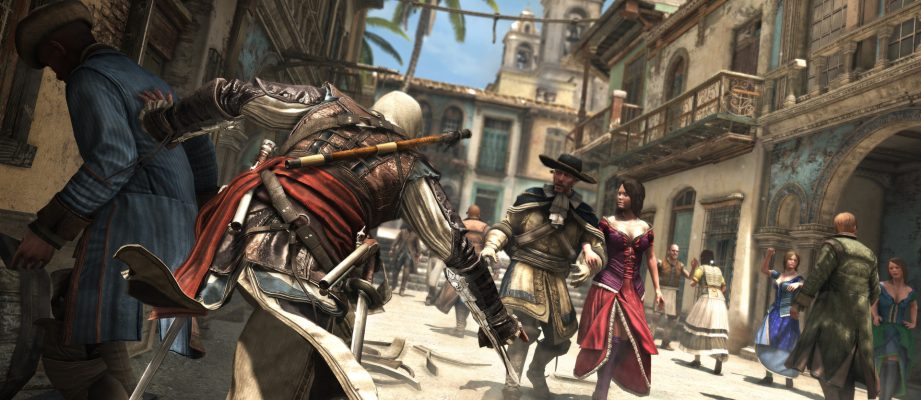 An assassin leans off a carriage while the target walks by