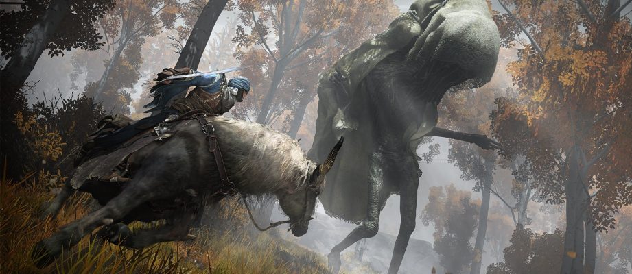 An armed human rides a horse while dodging attacks from a monster