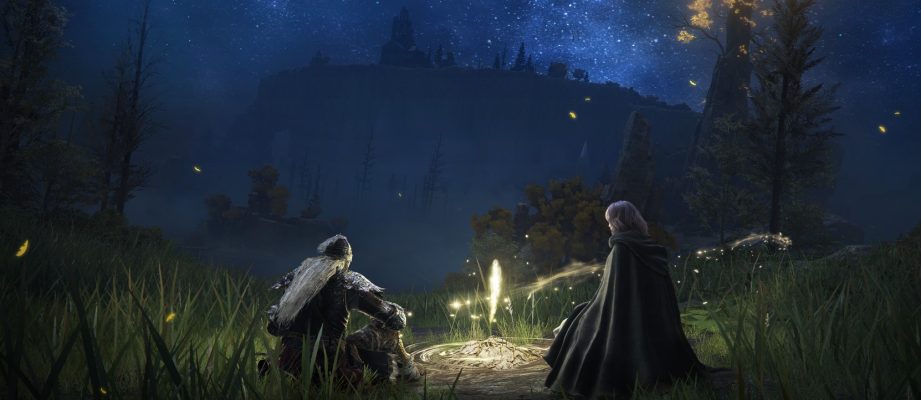 Two characters site around a bonfire