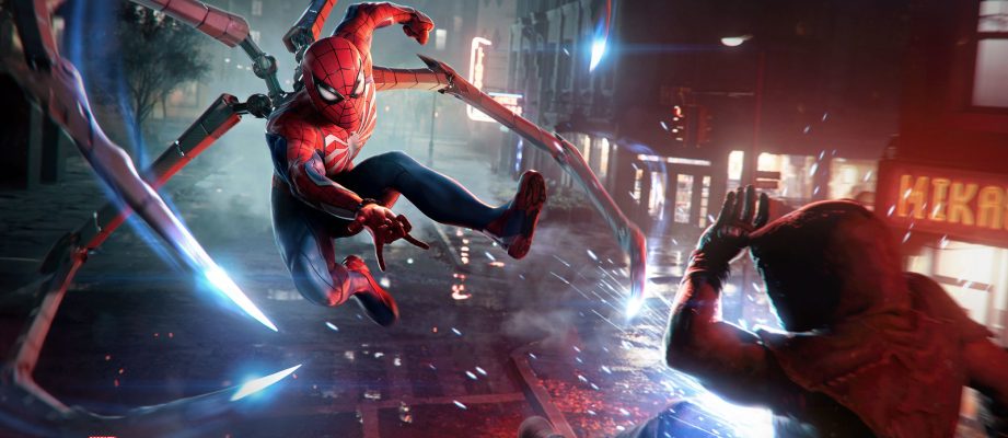 Spider-man attacks a goon with his mechanical arms