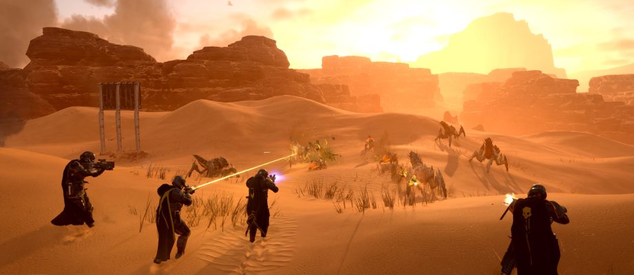 Four characters move up to the enemies while firing weapons