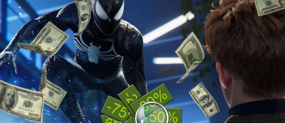 black spider-man with money all around him