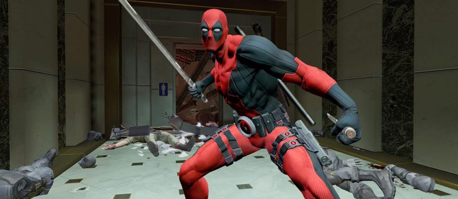 Deadpool poses with swords out