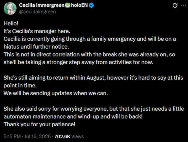 Cecilia Immergreen hiatus